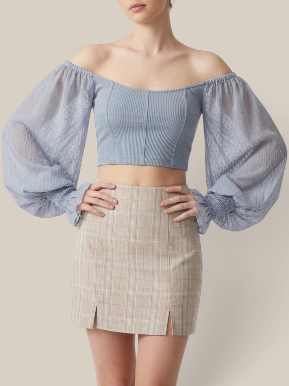 Urban Outfitters Cynthia Swiss Dot Sheer Balloon Sleeve Ribbed Crop Top S